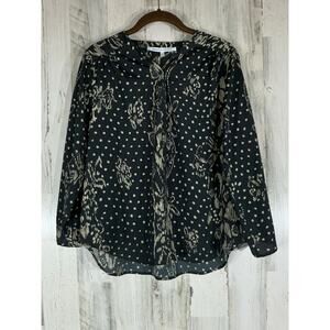 Collective Concepts Blouse Top Size Large Petite Charcoal Tan Print Roll Tab